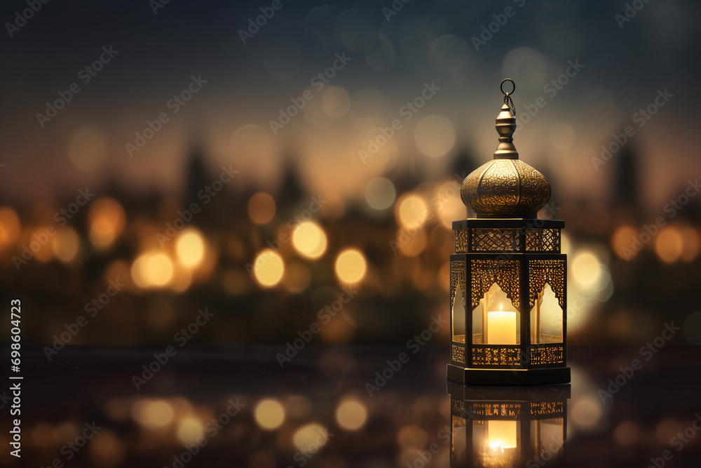 Islamic lantern with a blurred mosque in the background for al fitr and adha eid. AI generatif