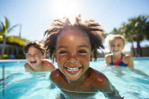 Children smiles while swimming in a pool. Generative AI