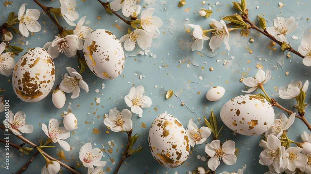 beautiful light easter layout with gold and marble eggs, cherry blossoms and confetti on a pastel blue background. top view. copy space. flat lay. place for text beautiful light easter layout with gold and marble eggs, cherry blossoms and confetti on a pastel blue background. top view. copy space. flat lay. place for text