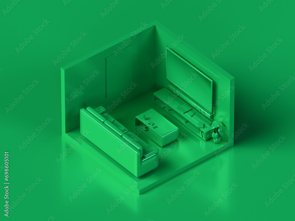 Green isometric room with sofa, TV, 3D video game console Green isometric room with sofa, TV, 3D video game console