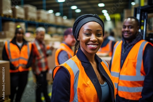 Portrait of smiling female warehouse worker standing with staff in background at warehouse