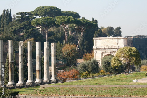 There is a serene group of columns standing tall in a lush park, with trees providing a beautiful backdrop. photo