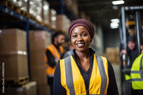 Portrait of smiling female warehouse worker standing with staff in background at warehouse