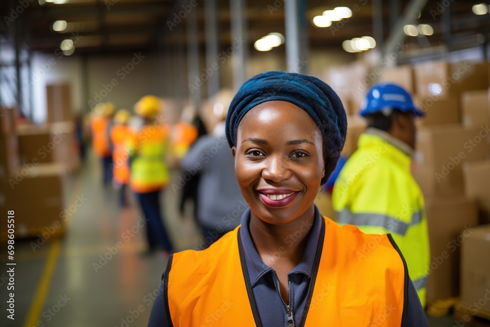 Portrait of smiling female warehouse worker standing with staff in background at warehouse