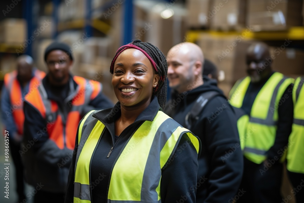 Portrait of smiling female warehouse worker standing with staff in background at warehouse