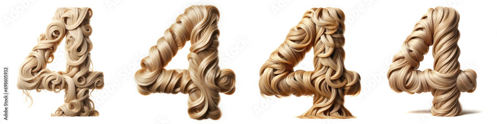 Number 4 - FOUR - Hair Alphabet - Hair Letter set - White background - Glamour Hair typeset collection from A to Z and numbers. Number 4 - FOUR - Hair Alphabet - Hair Letter set - White background - Glamour Hair typeset collection from A to Z and numbers.
