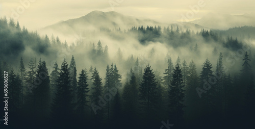 Misty landscape with fir forest in vintage retro style. Generative AI © Paradoxx