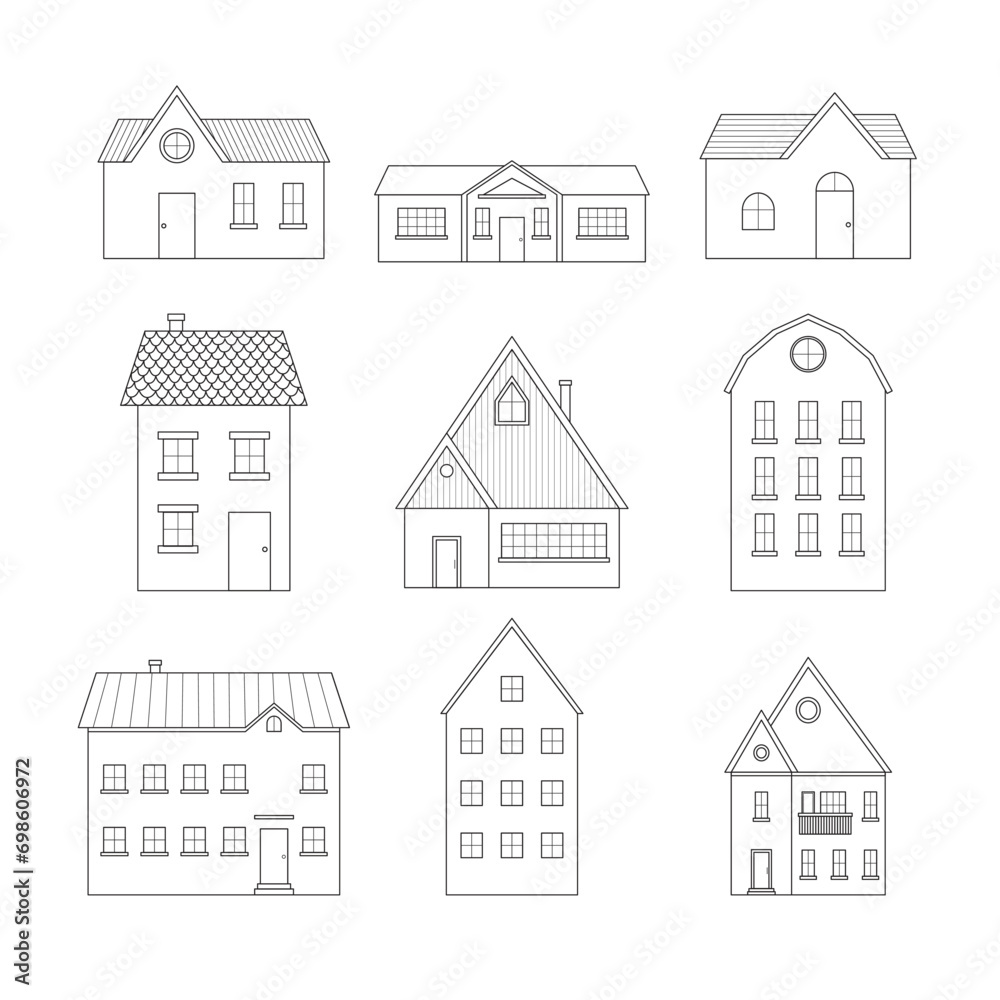 Collection of simple outline houses. Vector illustration isolated on white background