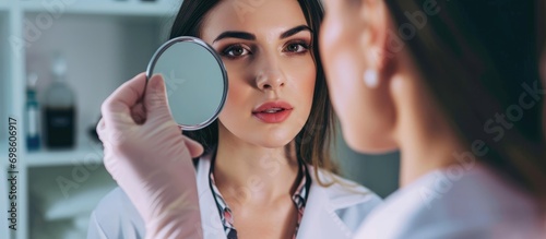 Female doctor examining young woman's skin at beauty clinic using a mirror. photo