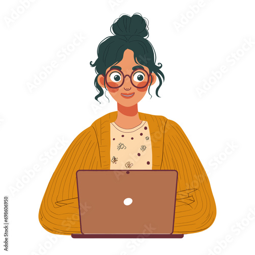 Happy freelancer girl with a laptop on a white background, vector in minimalism photo