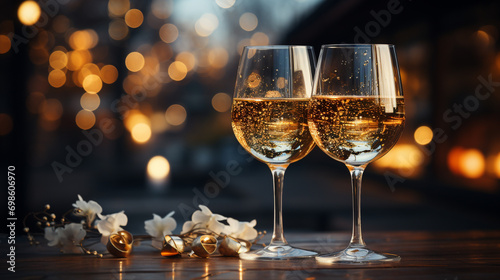 Champagne glasses with a golden sparkling bokeh background.