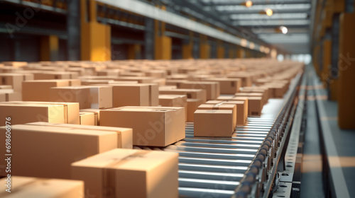 Many cardboard box parcels move along a conveyor belt at a warehouse. © LOPH Studio