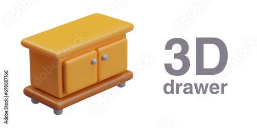 Realistic yellow dresser in cartoon style. Bedside table with door. Classic bedroom furniture. Empty tabletop, place for logo, brand. Color vector mockup