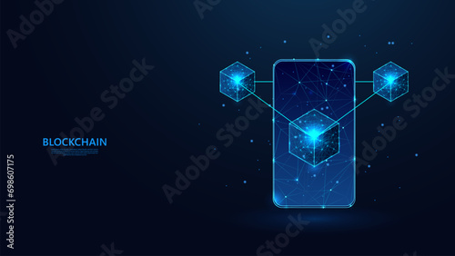 Blockchain technology concept on abstract smartphone screen in low poly wireframe futuristic style. Blue background with a sprinkling of shining stars.