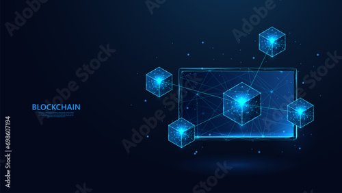 Blockchain technology concept on abstract tablet screen in low poly wireframe futuristic style. Blue background with a sprinkling of shining stars.
