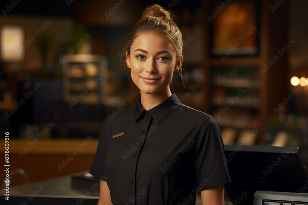 Fototapeta premium A woman in a black shirt stood in front of the cashier's desk. Generative AI
