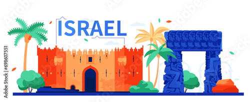 Damascus and Faith in Jaffa Gate - modern colored vector illustration with stone sculpture and muslim quarter of the Old City of Jerusalem. Architecture, unesco, tourism and sights of Israel idea photo