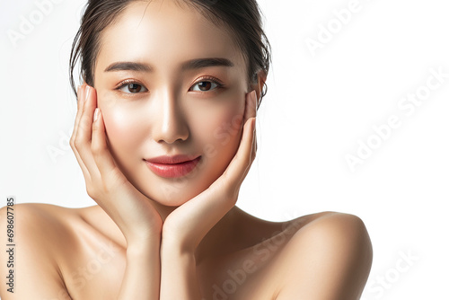 Beautiful portrait asian Korean woman makeup of cosmetic, beauty of happy girl with face smile attractive isolated on white background, perfect with wellness and healthcare concept.
