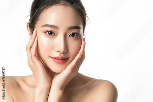 Beautiful portrait asian Korean woman makeup of cosmetic, beauty of happy girl with face smile attractive isolated on white background, perfect with wellness and healthcare concept.