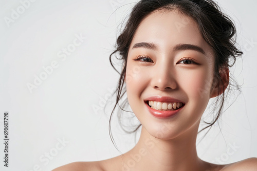 Beautiful portrait asian Korean woman makeup of cosmetic, beauty of happy girl with face smile attractive isolated on white background, perfect with wellness and healthcare concept.