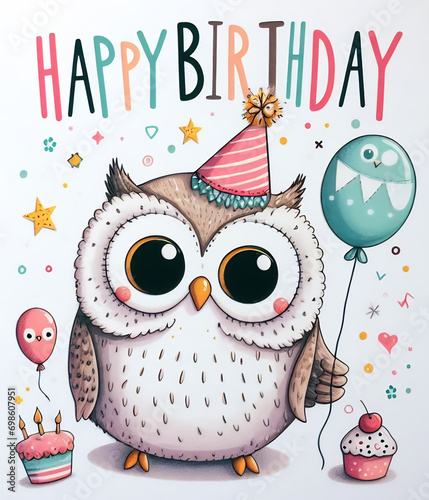Owl themed birthday card, cartoon owl with party hat holding balloon, 