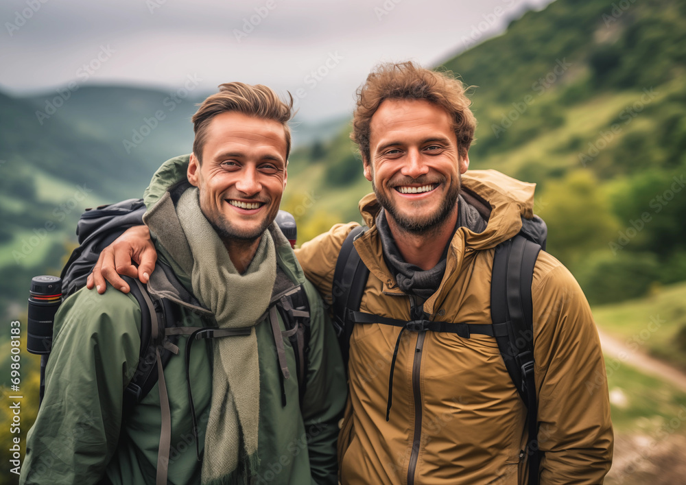 Two men enjoying a hike together in functional outdoor jackets