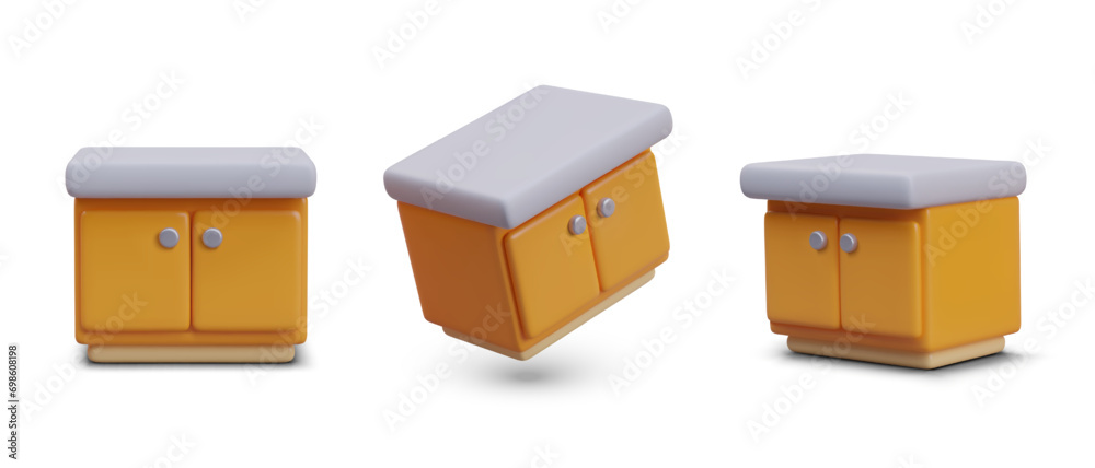3D chest of drawers, front, side view, at angle. Set of colored vector furniture. Low model with two doors. Cute illustration for web design. Empty surface, mockup 3D chest of drawers, front, side view, at angle. Set of colored vector furniture. Low model with two doors. Cute illustration for web design. Empty surface, mockup