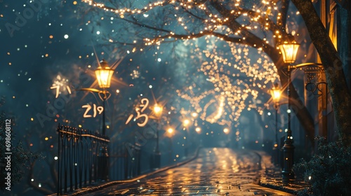 a magical, snowy night on a street illuminated by street lamps and festive decorations. It’s an enchanting and serene winter scene.