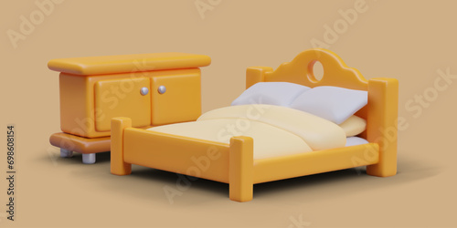 Realistic bed with blanket, two pillows, and commode on yellow background. Concept of furniture for bedroom. Vector illustration in 3d style with shadow
