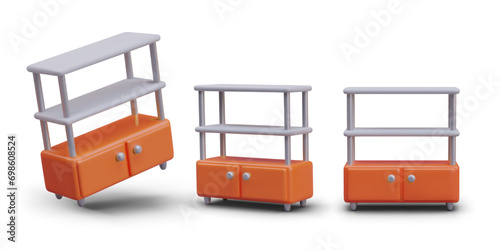 Set with bookshelf in different positions. Furniture with open and closed shelves for things storage at home. Model for online store. Vector illustration in 3d style with shadow