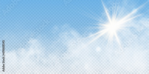 The image depicts various atmospheric phenomena such as fog, smoke, mist, and steam. The realistic 3D vector mockup shows a perspective view of white smog clouds.	
