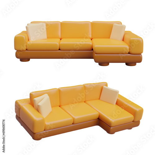 Set of realistic yellow corner sofa with beige pillows. Composition with comfortable furniture for home in different positions. Vector illustration in 3d style