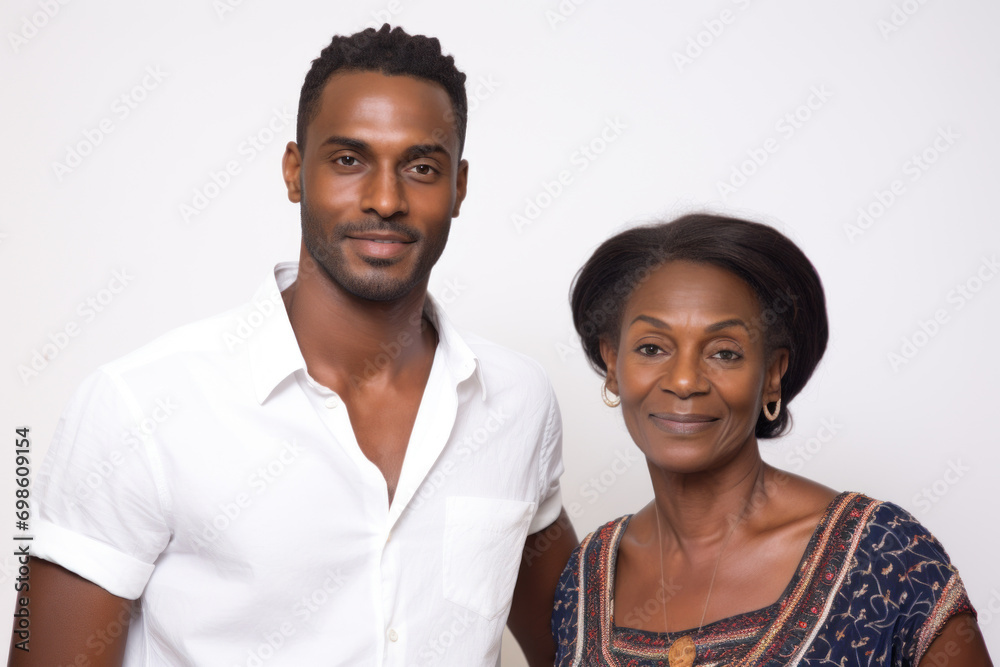 A handsome young man and his elegant mature mother pose together, showcasing their familial bond. A handsome young man and his elegant mature mother pose together, showcasing their familial bond.