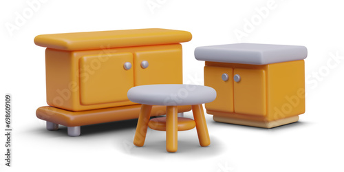 Home composition with big and small commode and tea table in cartoon style. Collection with different furniture for home kitchen. Vector illustration in 3d style
