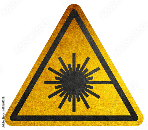 Laser radiation hazard safety danger warning sign sticker label, high power beam icon signage, isolated, black triangle over yellow, Attention symbol of non ionized threat alert. Attention symbol photo