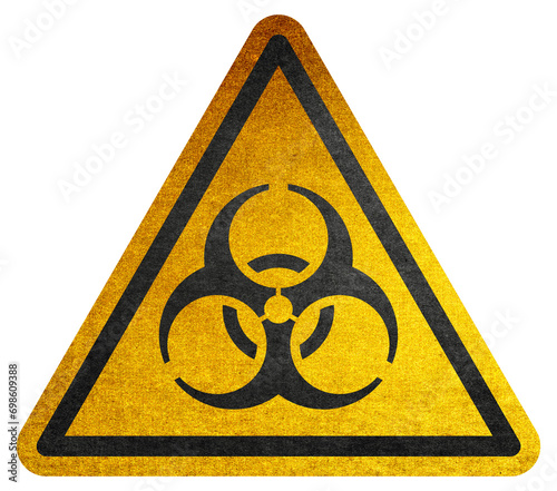 Danger symbol. Biohazard yellow triangle warning sign. Quarantine sign. Biohazard  symbol on yellow background in triangle. Hazard warning symbol rustic texture. photo