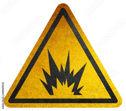 Warning Hazard Caution ISO Signs Icon Symbol Pictogram Explosion. W 02 sign. Explosive substances. Hazard warning symbol rustic texture. Attention symbol of non ionized threat alert. Attention symbol photo