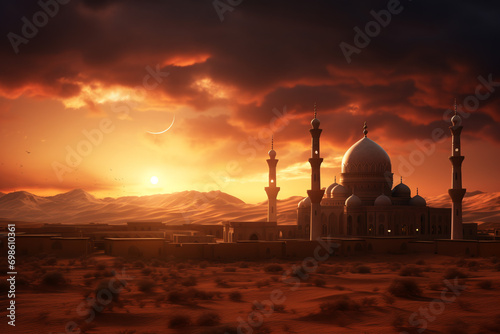 A view of a mosque in the desert with a crescent of a moon in the sky. Generative AI