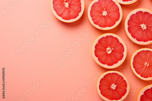 fresh Fruit grapefruit with Juicy grapefruit slices on colored background. Top view. Copy Space. creative summer concept. Half of citrus in minimal flat lay with copy space    generative ai      