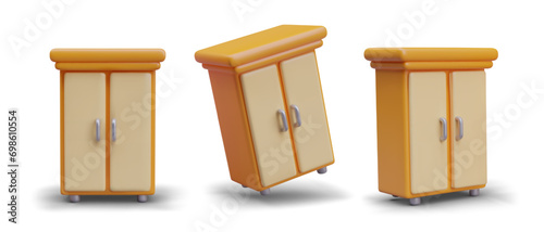 Composition with wardrobe in different positions. Home furniture for storage concept. Orange wooden shelf. Vector illustration in 3d style with shadow and white background