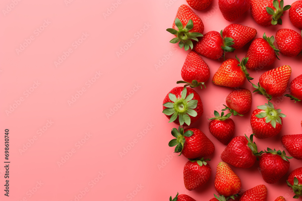 Top view of fresh strawberries in a heart shaped bowl on a purple background with space for text Valentine s Day banner,   generative ai,   generative , ai, - obrazy, fototapety, plakaty 