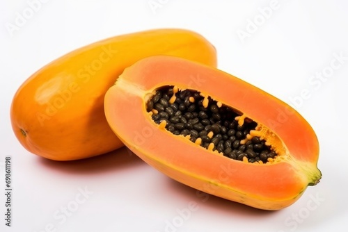 Orange papaya whole and cut in half on white background. Tropical exotic fruit, healthy food. Object composition for your design