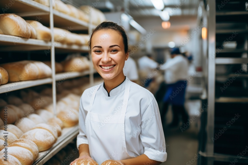 A young female technologist baker smiles against the background of shelves with bread. Professional bakery worker, large bakery, bakery products production - obrazy, fototapety, plakaty 