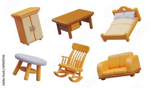 Collection with different new furniture for online games or web store. Closet with doors, wooden big and small table, rocking chair and sofa. Vector illustration in 3d style