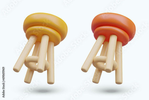 Wooden round stools of different colors. Templates for selection option. High furniture for sitting near kitchen, bar counter. Realistic templates on white background