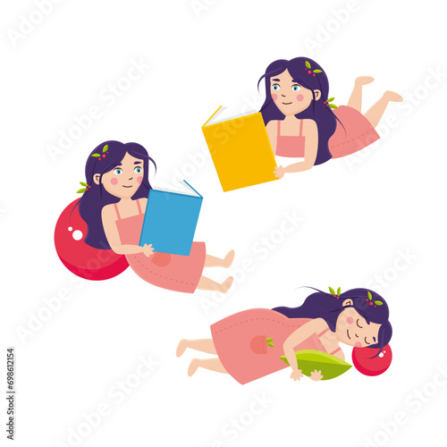 cute little girl reading book and sleeping illustration