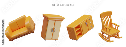 Comfortable yellow sofa, closet for clothes storage, rocking chair. Collection of different contemporary furniture on white background. Vector illustration in 3d style