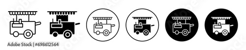 Food cart icon. city town street food cart van vehicle of ice cream vendor symbol. road side kiosk stall of local meal and snack stand vector. food seller street cart or trolley set icon


