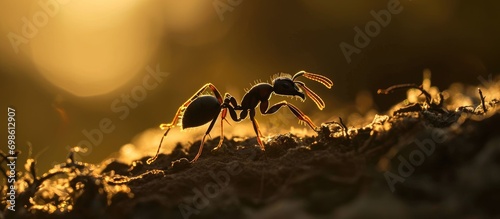 Ant carrying food to nest silhouette. photo