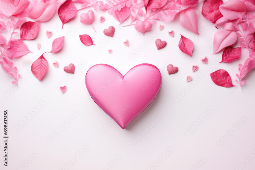Pink hearts and leaves on a white background. The concept celebrates love and Valentine's Day.